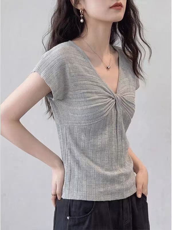 여름 몸매 가꾸기 캐주얼 바람 여성 의류 V넥 매듭이 달린 반팔 티셔츠 여성 회색 표지 배 슬림해 보이는 맨위 상세 이미지 3