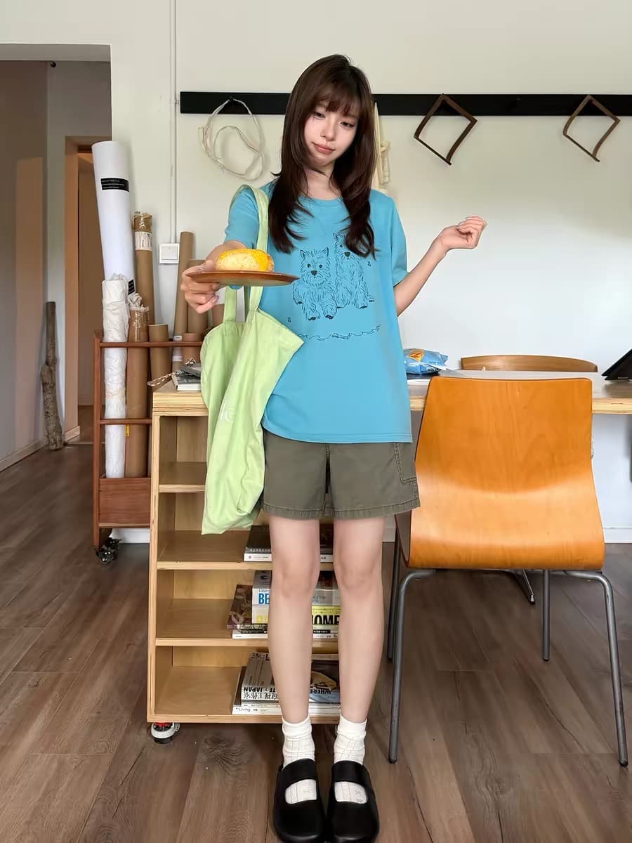 한 부서 개 프린트 화이트 반팔 티셔츠 여성 여름 루즈핏 다용도 연령 감소 패션 맨위 상세 이미지 3