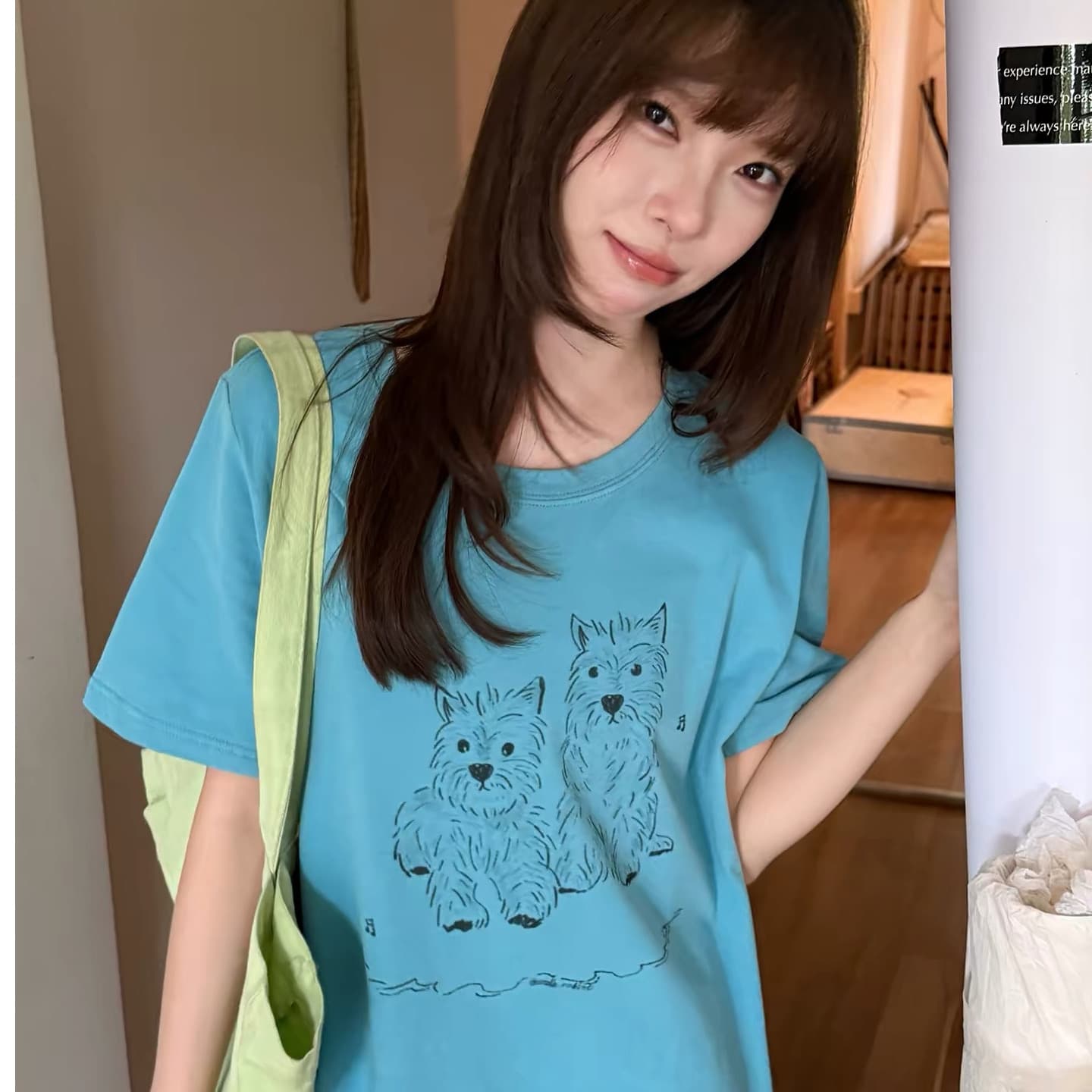 한 부서 개 프린트 화이트 반팔 티셔츠 여성 여름 루즈핏 다용도 연령 감소 패션 맨위 상세 이미지 4
