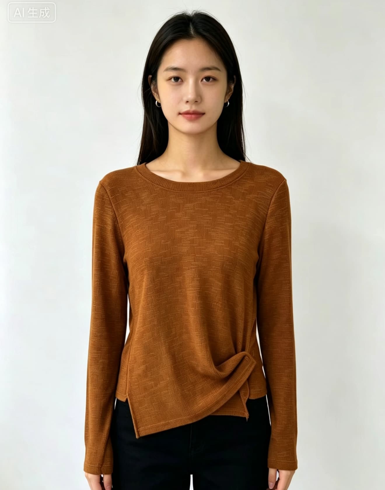 작은 대중 디자인 센스 비틀림 허리 수축 긴팔 맨위 여성 대나무 마디 면 프로 피부 단색 라운드 넥 기본 셔츠 다용도 티셔츠 이미지 2