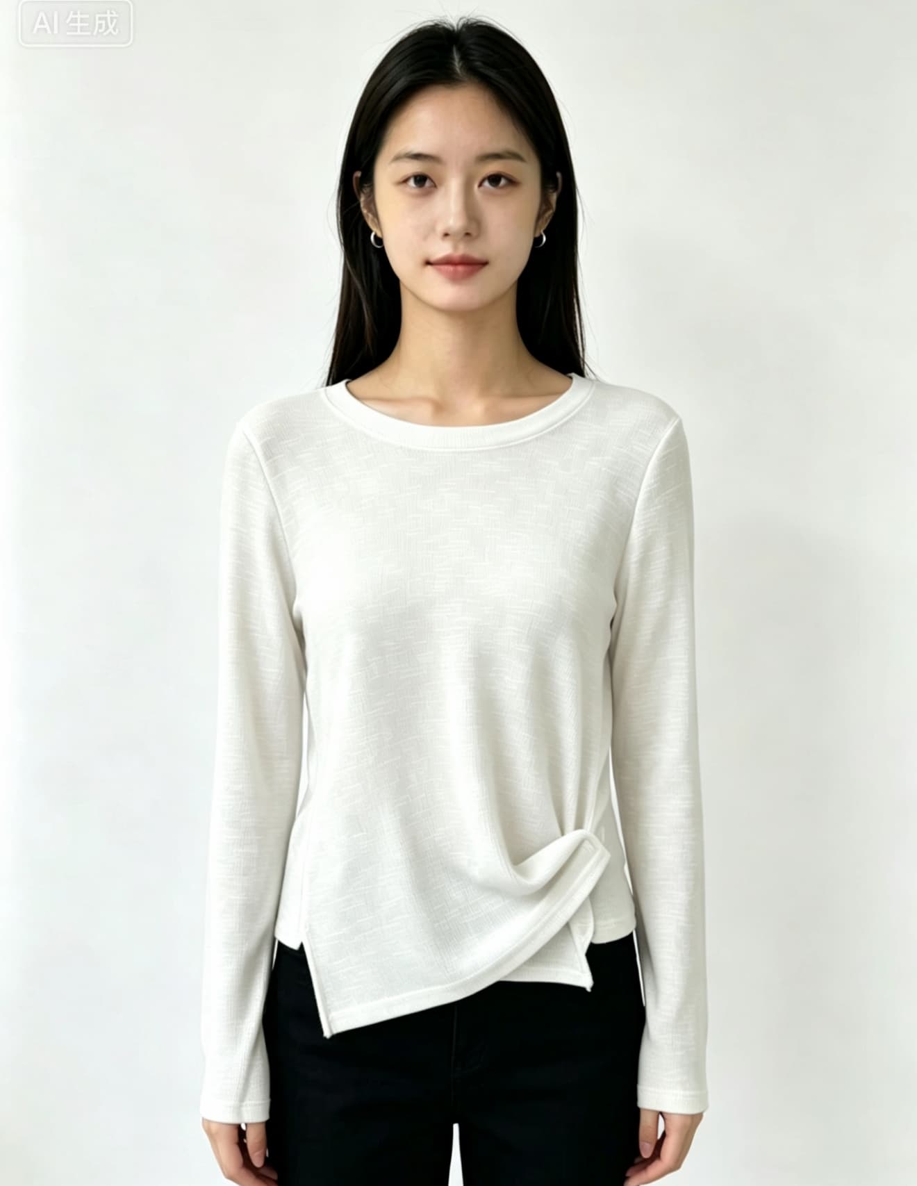 작은 대중 디자인 센스 비틀림 허리 수축 긴팔 맨위 여성 대나무 마디 면 프로 피부 단색 라운드 넥 기본 셔츠 다용도 티셔츠 상세 이미지 4
