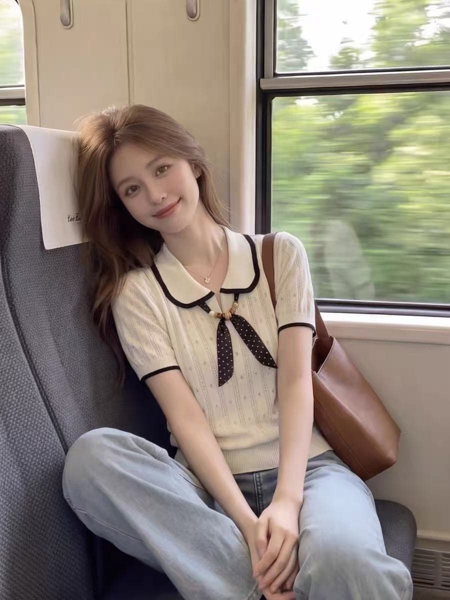 한 부서 연령 감소 배색 POLO 칼라 니트 스웨터 여성 여름 홀로우 아웃 도트 무늬 리본 작은 키 통기성 반팔 맨위 이미지 2