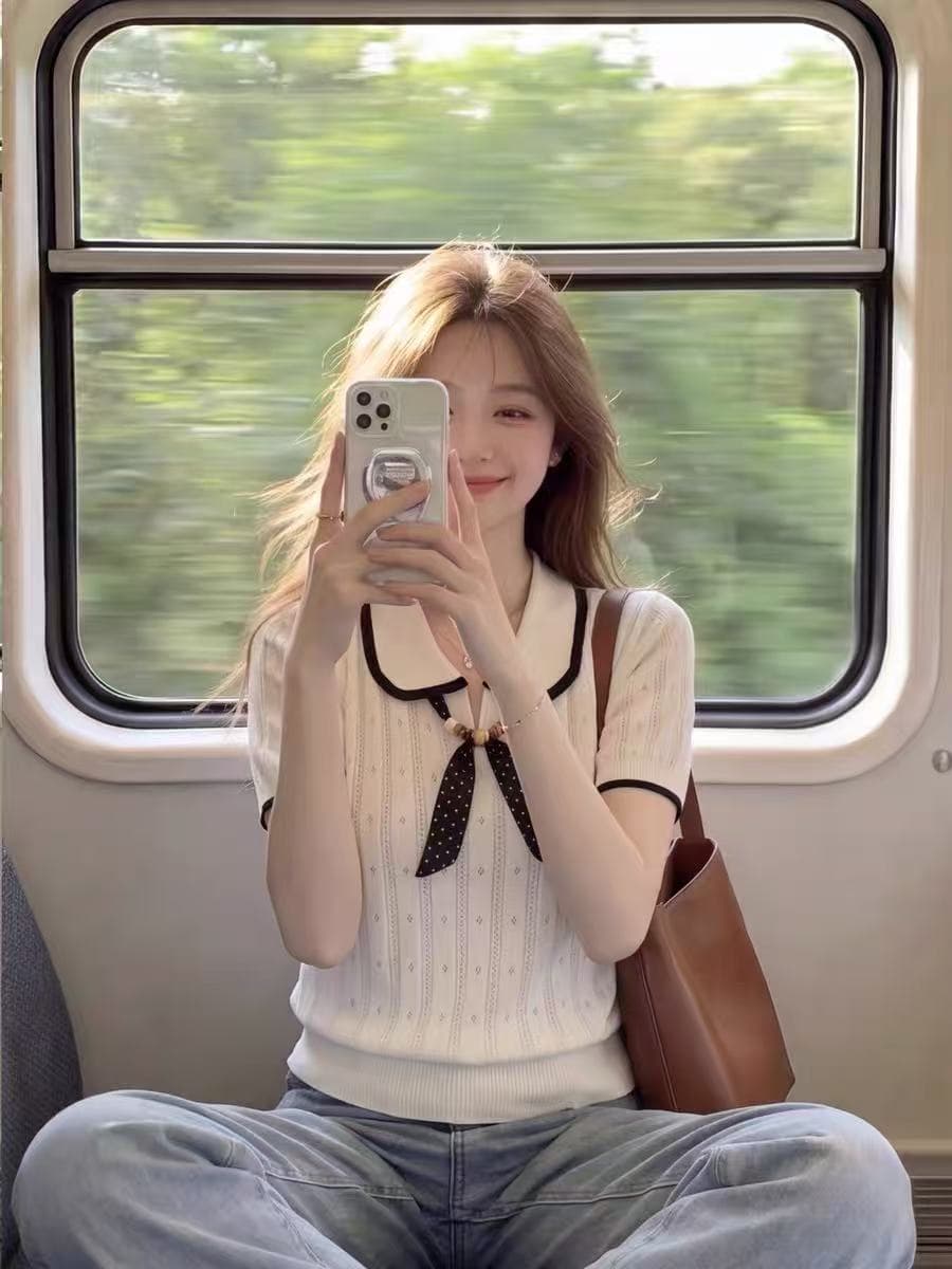 한 부서 연령 감소 배색 POLO 칼라 니트 스웨터 여성 여름 홀로우 아웃 도트 무늬 리본 작은 키 통기성 반팔 맨위 이미지 4