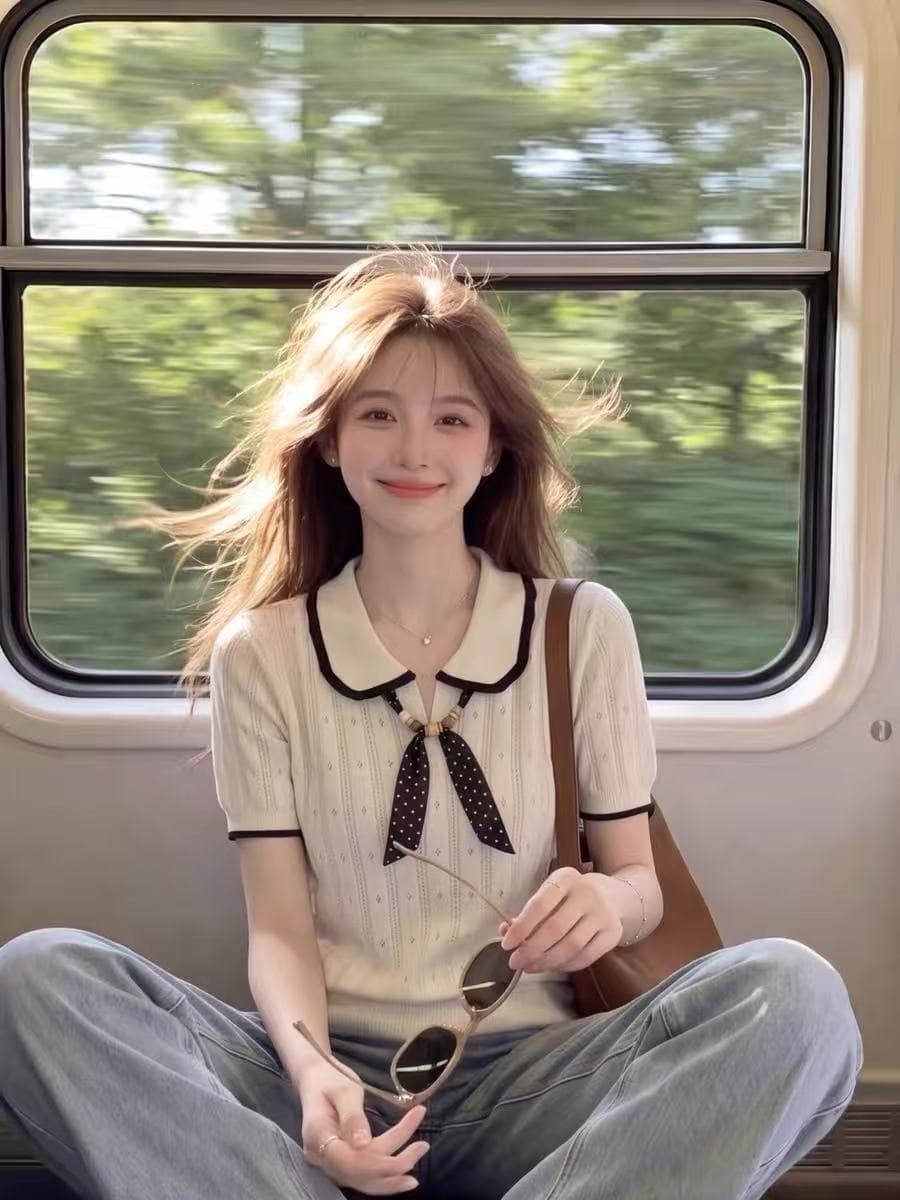 한 부서 연령 감소 배색 POLO 칼라 니트 스웨터 여성 여름 홀로우 아웃 도트 무늬 리본 작은 키 통기성 반팔 맨위 이미지 3