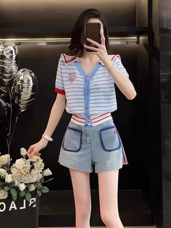 학원 스타일 패치워크 해군 칼라 스트라이프 니트 오픈 가디건 여성 여름 반팔 디자인 센스 작은 키 다용도 슬림해 보이는 맨위 상세 이미지 1