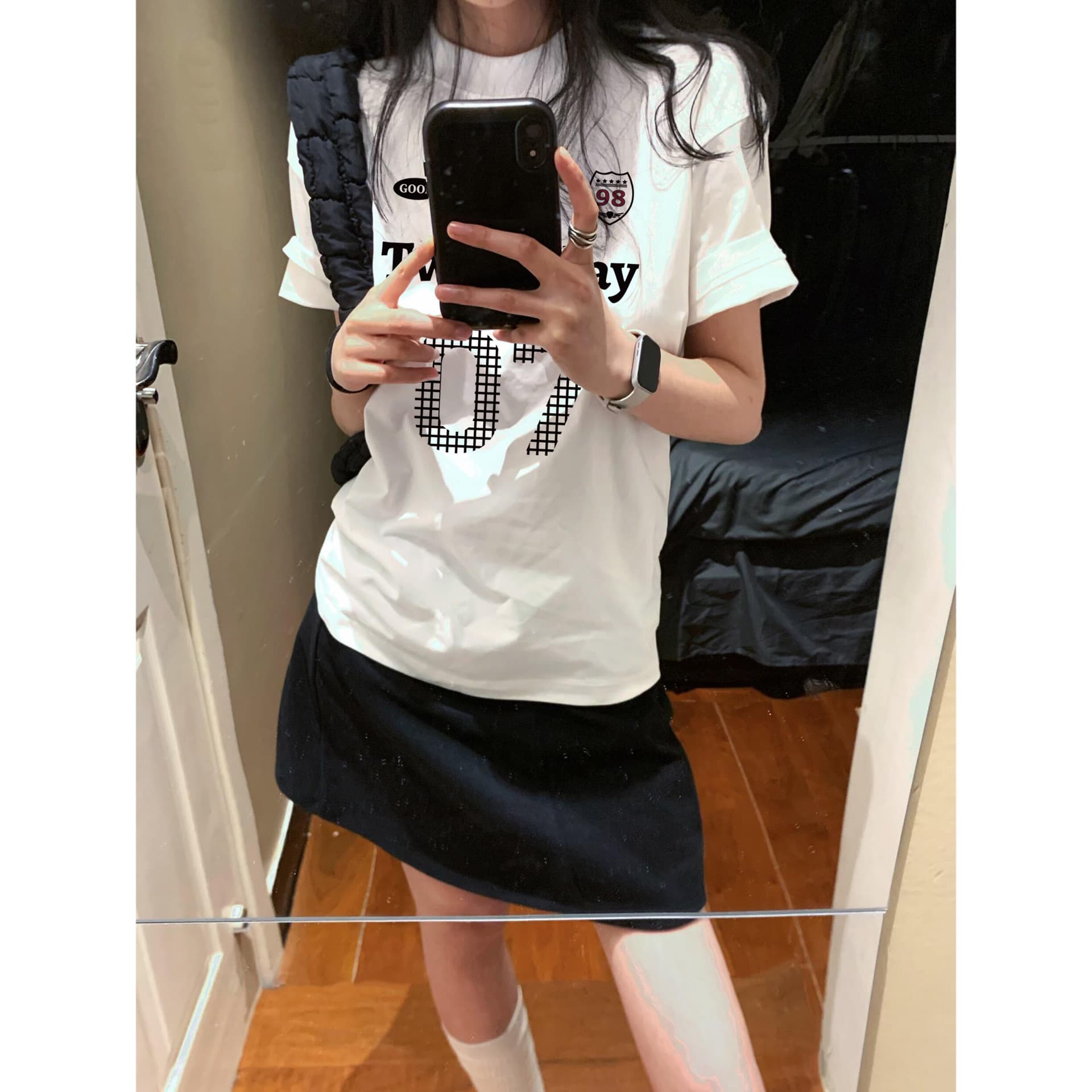 한 부서 숫자 프린트 화이트 반팔 티셔츠 여성 여름 느슨함 센스 루즈핏 다용도 느긋한 순면 반소매 맨위 상세 이미지 1