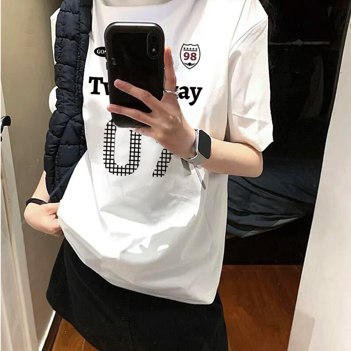한 부서 숫자 프린트 화이트 반팔 티셔츠 여성 여름 느슨함 센스 루즈핏 다용도 느긋한 순면 반소매 맨위 상세 이미지 2