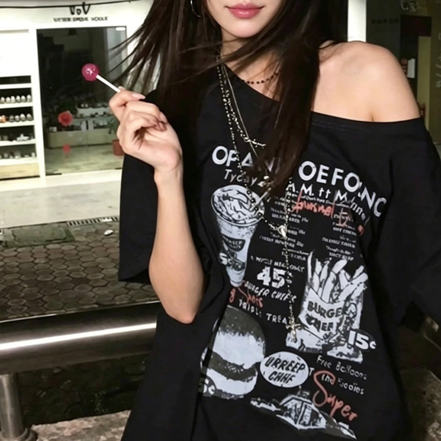해군 비스듬한 어깨 오프숄더 티셔츠 여성 여름 레트로 프린트 루즈핏 다용도 반팔 느긋한 바람 아메리칸 맨위 ins 이미지 5