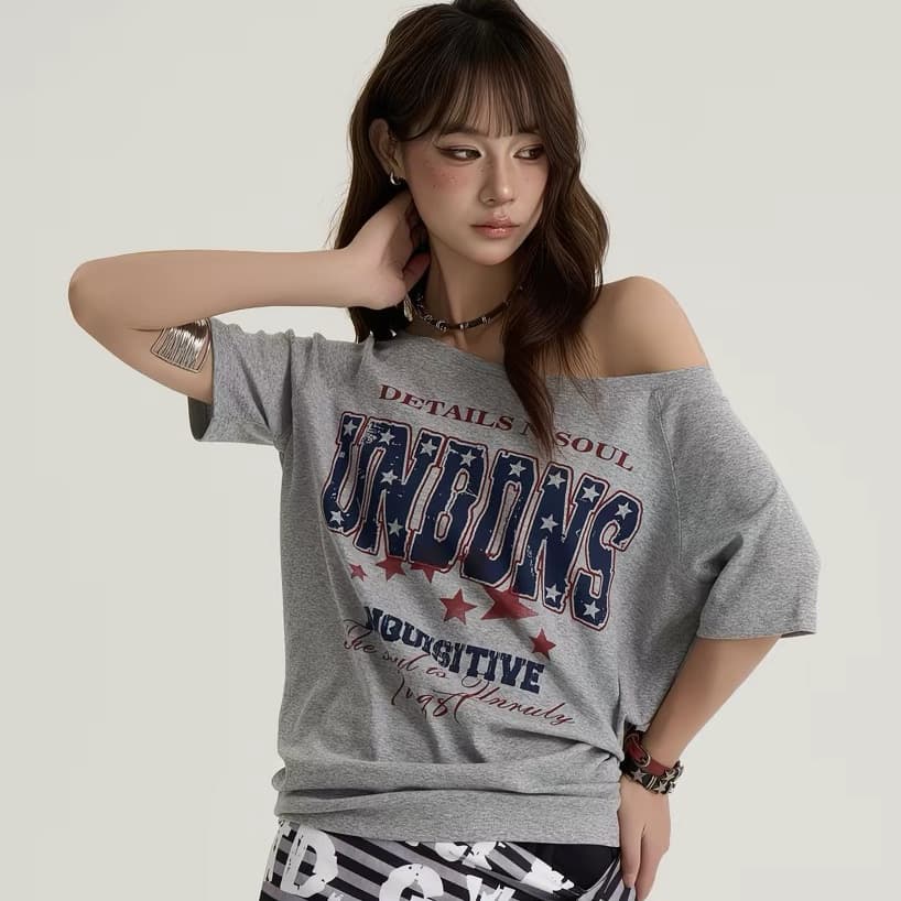 아메리칸 레트로 비스듬한 어깨 티셔츠 여성 여름 새로운 알파벳 별 프린트 반팔 몸매 가꾸기 슬림해 보이는 오프숄더 상세 이미지 1