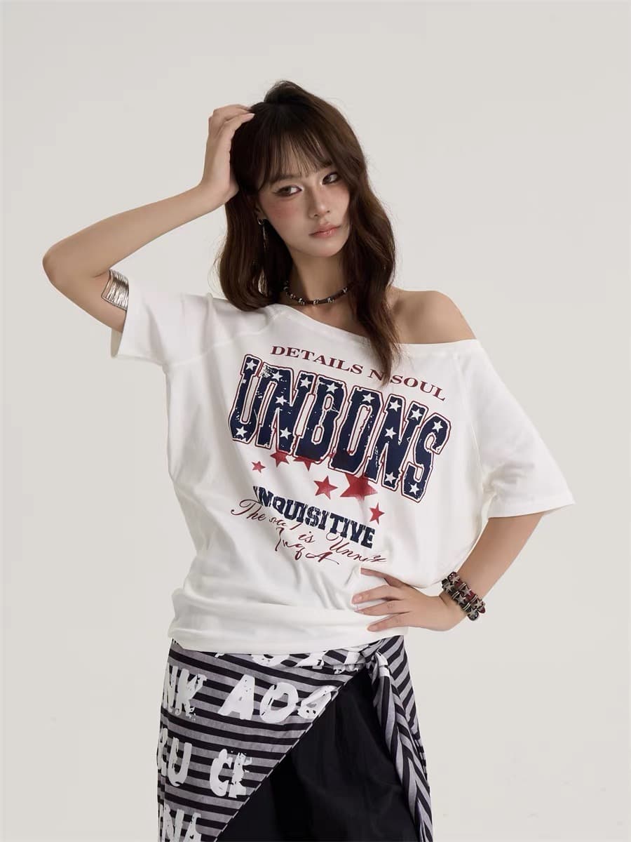 아메리칸 레트로 비스듬한 어깨 티셔츠 여성 여름 새로운 알파벳 별 프린트 반팔 몸매 가꾸기 슬림해 보이는 오프숄더 상세 이미지 5