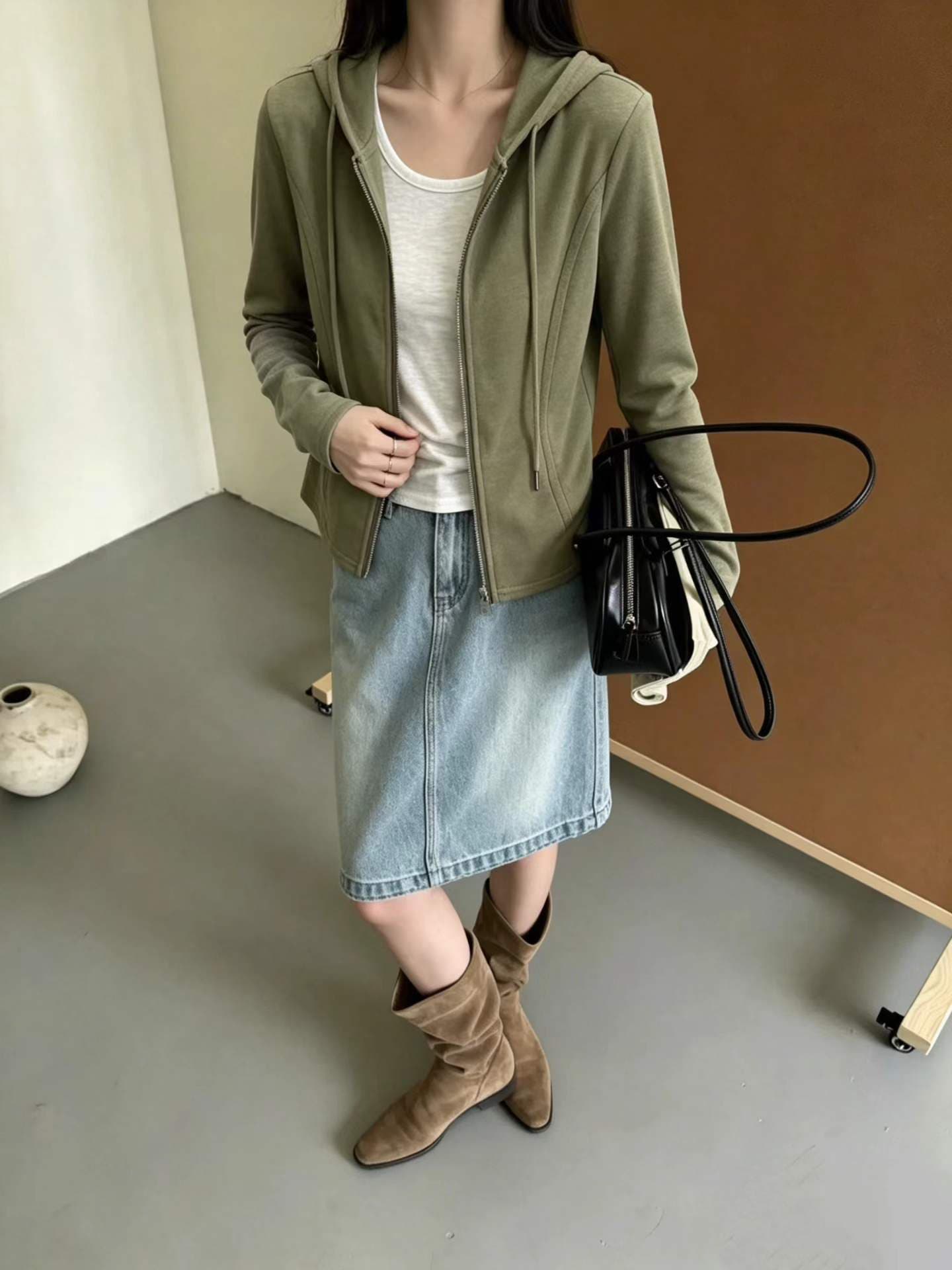 후드 페이크 레이어드 오픈 가디건 여성 짧은 허리 수축 슬림해 보이는 더블 지퍼 티셔츠 다용도 몸매 가꾸기 기본 셔츠 이미지 2