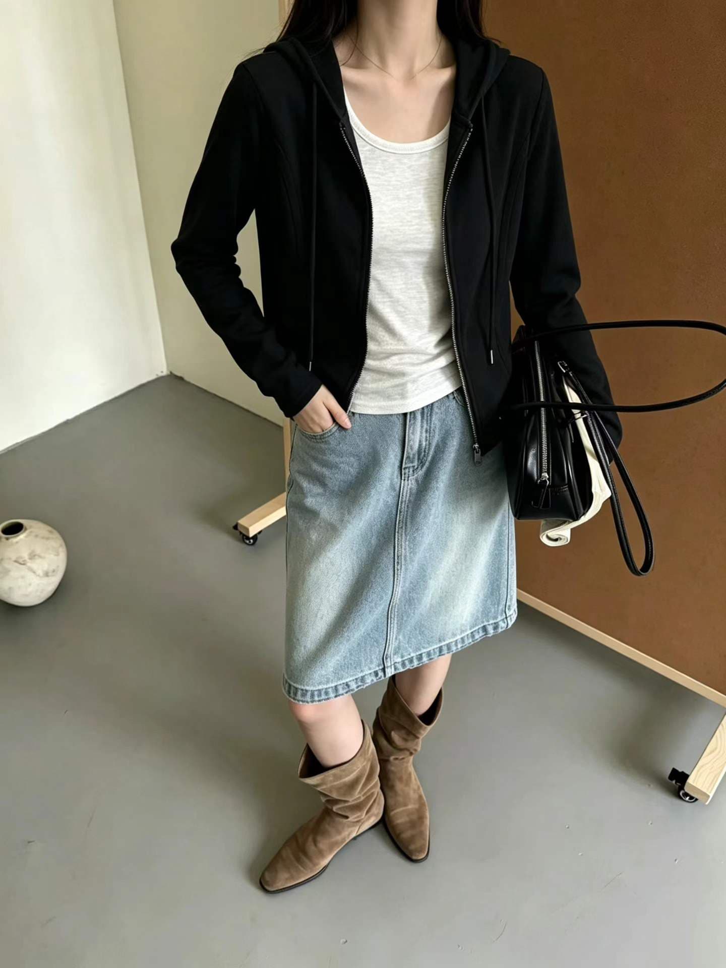 후드 페이크 레이어드 오픈 가디건 여성 짧은 허리 수축 슬림해 보이는 더블 지퍼 티셔츠 다용도 몸매 가꾸기 기본 셔츠 상세 이미지 5