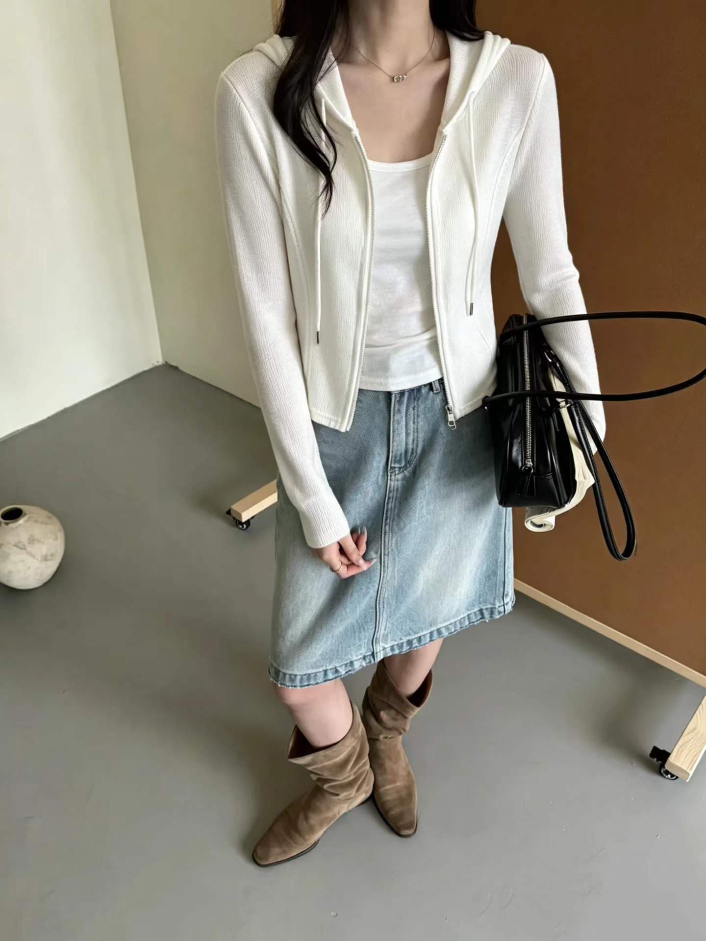 후드 페이크 레이어드 오픈 가디건 여성 짧은 허리 수축 슬림해 보이는 더블 지퍼 티셔츠 다용도 몸매 가꾸기 기본 셔츠 상세 이미지 6