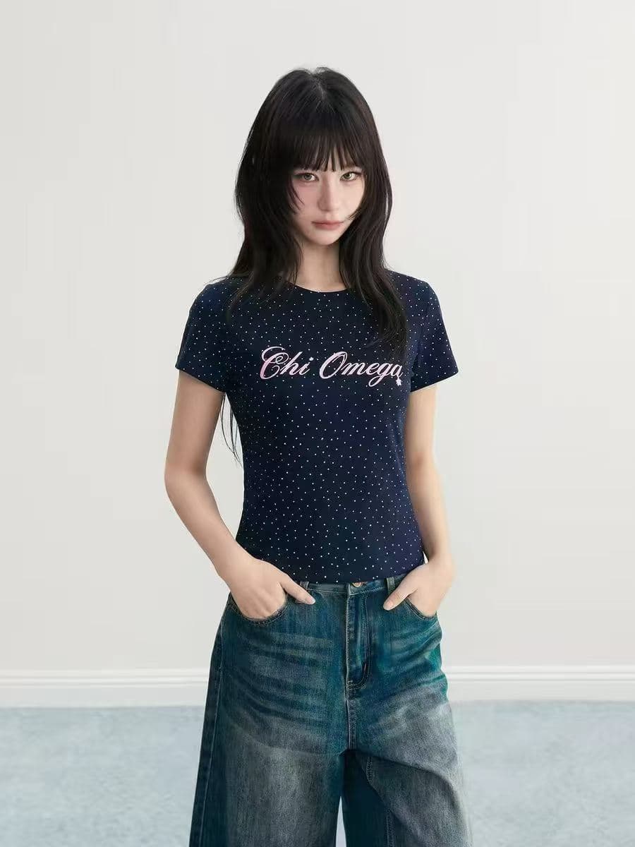 해군 도트 무늬 알파벳 긍정적 인 어깨 반팔 티셔츠 여성 여름 아메리칸 레트로 핫걸 쇼트 스타일 몸매 가꾸기 맨위