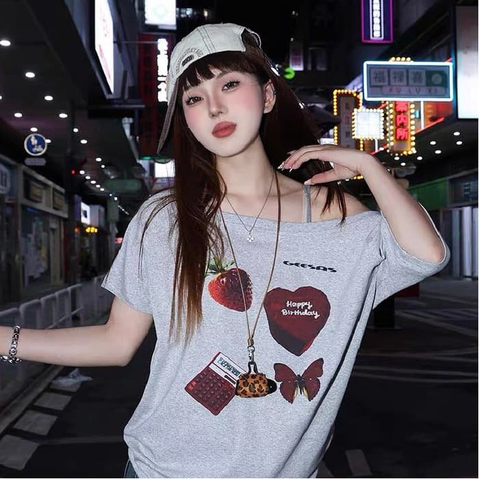 아메리칸 핫걸 재미있는 회색 비스듬한 어깨 반팔 티셔츠 여성 여름 레트로 루즈핏 디자인 센스 고유 한 오프숄더 맨위 ins 상세 이미지 1