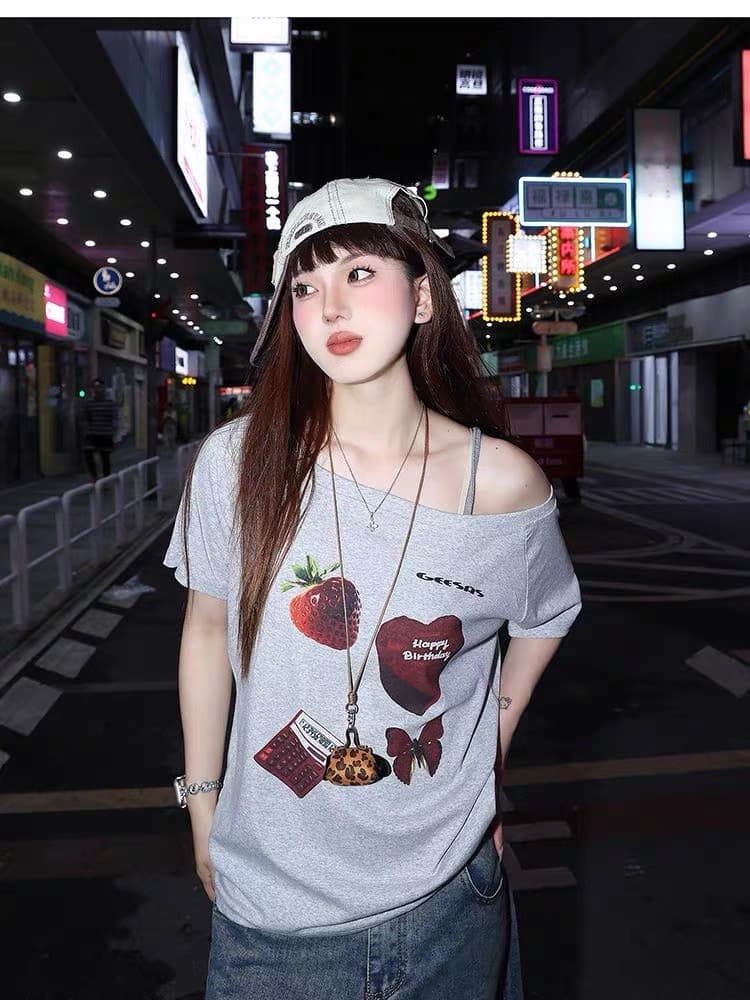 아메리칸 핫걸 재미있는 회색 비스듬한 어깨 반팔 티셔츠 여성 여름 레트로 루즈핏 디자인 센스 고유 한 오프숄더 맨위 ins 상세 이미지 4