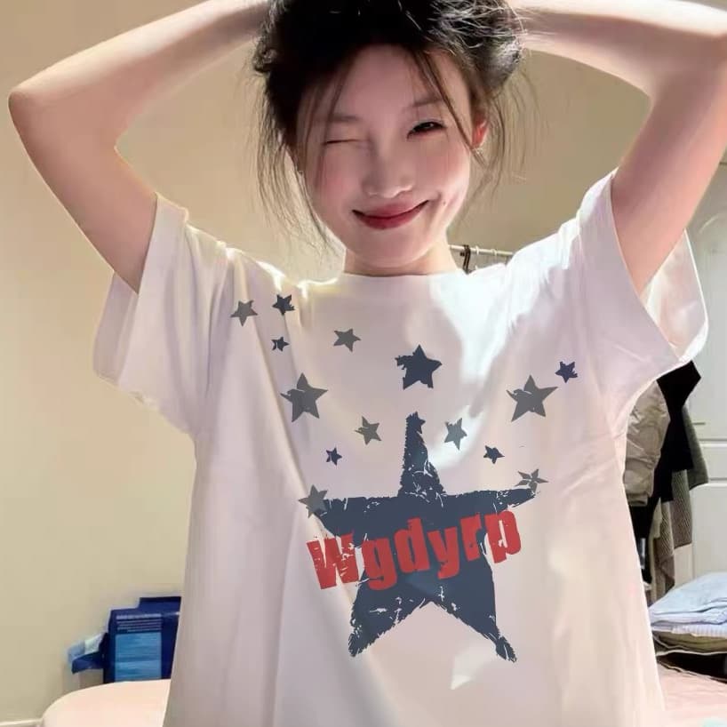 아메리칸 별 프린트 반팔 티셔츠 여성 화이트 루즈핏 라운드 넥 풀오버 디자인 센스 작은 대중 맨위 2026 상세 이미지 1