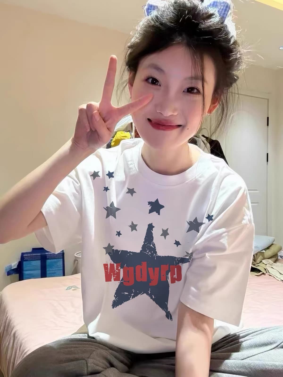 아메리칸 별 프린트 반팔 티셔츠 여성 화이트 루즈핏 라운드 넥 풀오버 디자인 센스 작은 대중 맨위 2026 상세 이미지 4