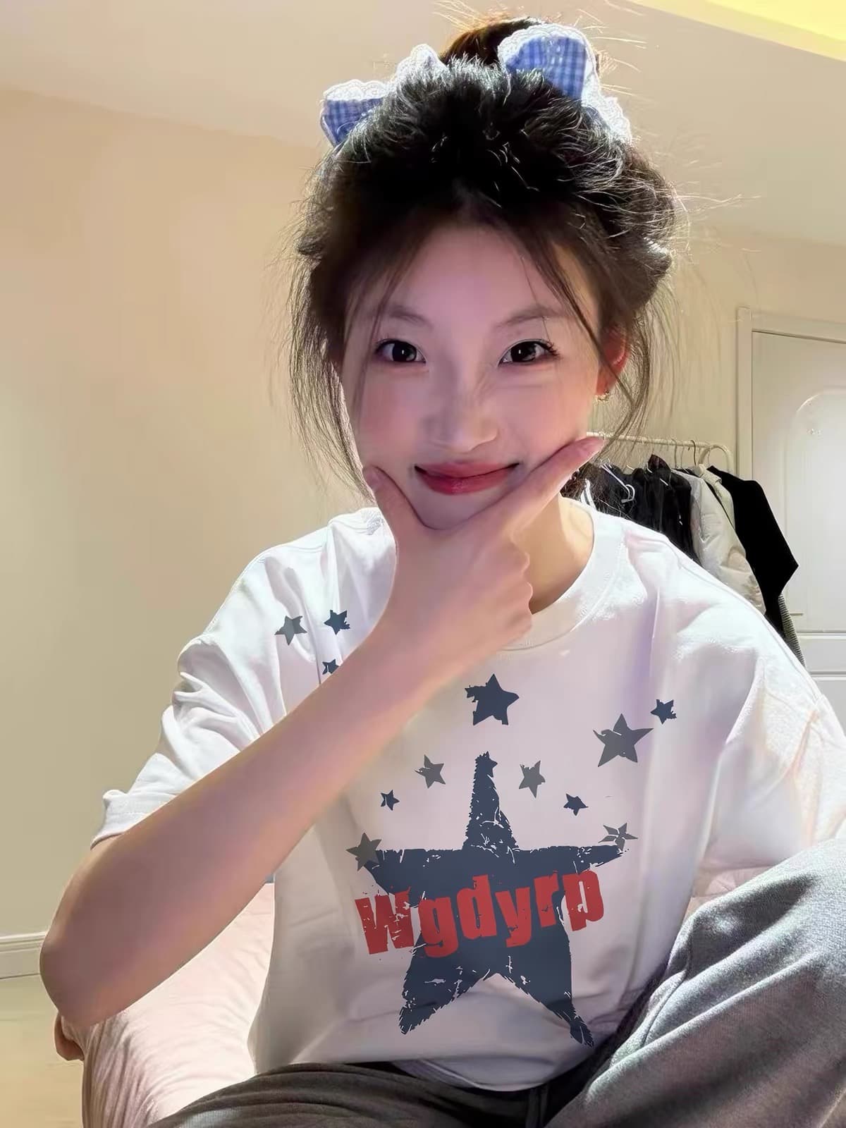 아메리칸 별 프린트 반팔 티셔츠 여성 화이트 루즈핏 라운드 넥 풀오버 디자인 센스 작은 대중 맨위 2026 상세 이미지 5