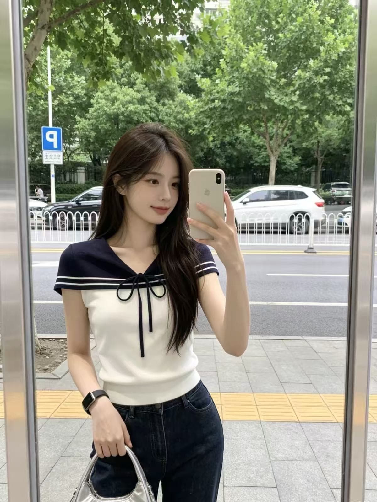 한 부서 학원 스타일 나비 넥타이 니트 티셔츠 여성 여름 2026 새로운 몸매 가꾸기 슬림해 보이는 V넥 쇼트 스타일 맨위 이미지 4