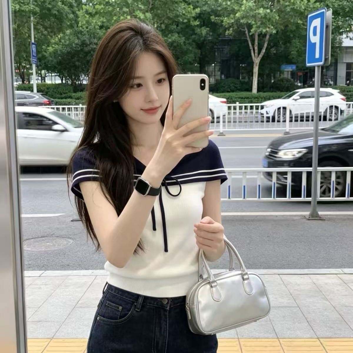 한 부서 학원 스타일 나비 넥타이 니트 티셔츠 여성 여름 2026 새로운 몸매 가꾸기 슬림해 보이는 V넥 쇼트 스타일 맨위 이미지 5