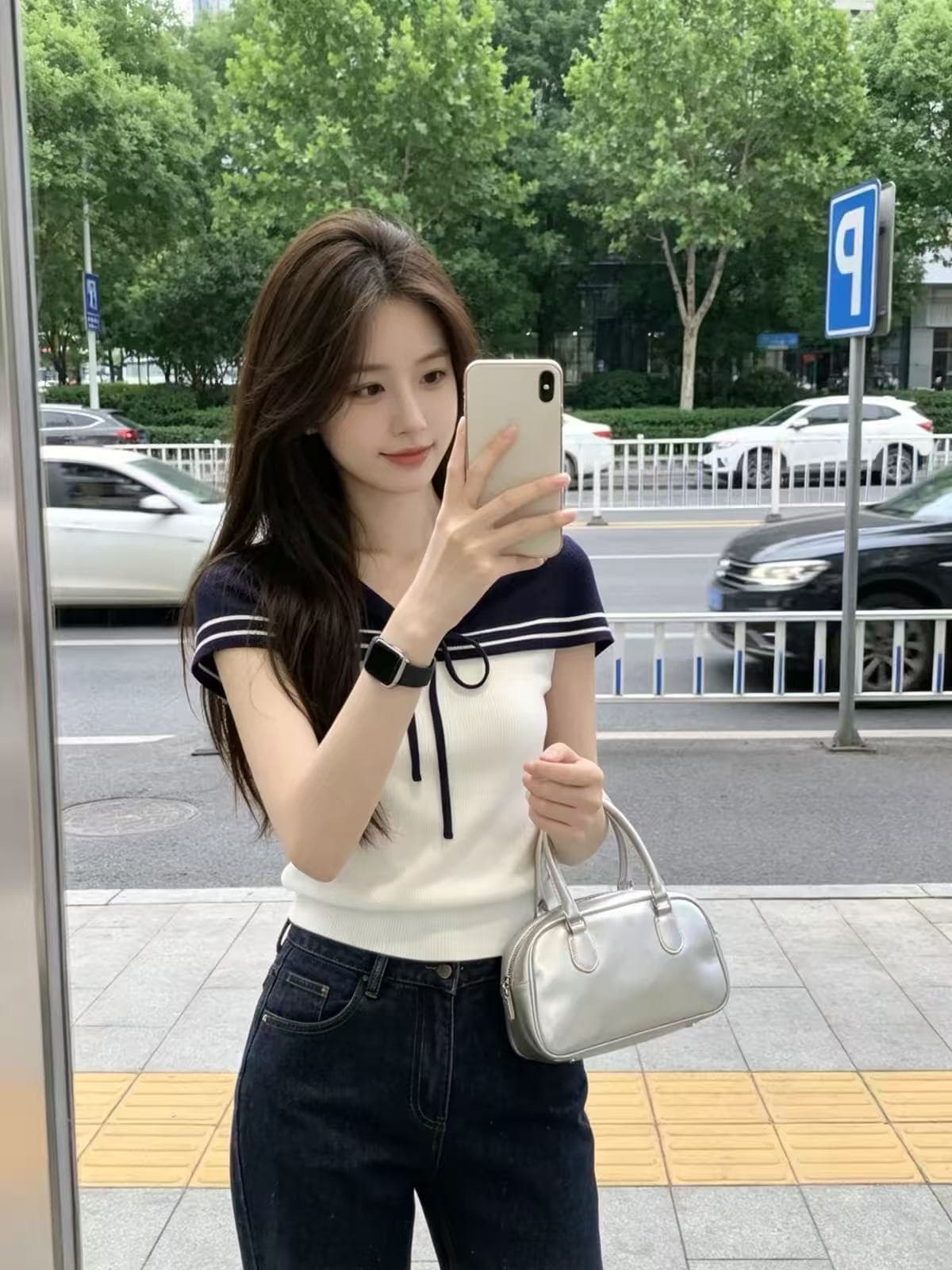 한 부서 학원 스타일 나비 넥타이 니트 티셔츠 여성 여름 2026 새로운 몸매 가꾸기 슬림해 보이는 V넥 쇼트 스타일 맨위 상세 이미지 1