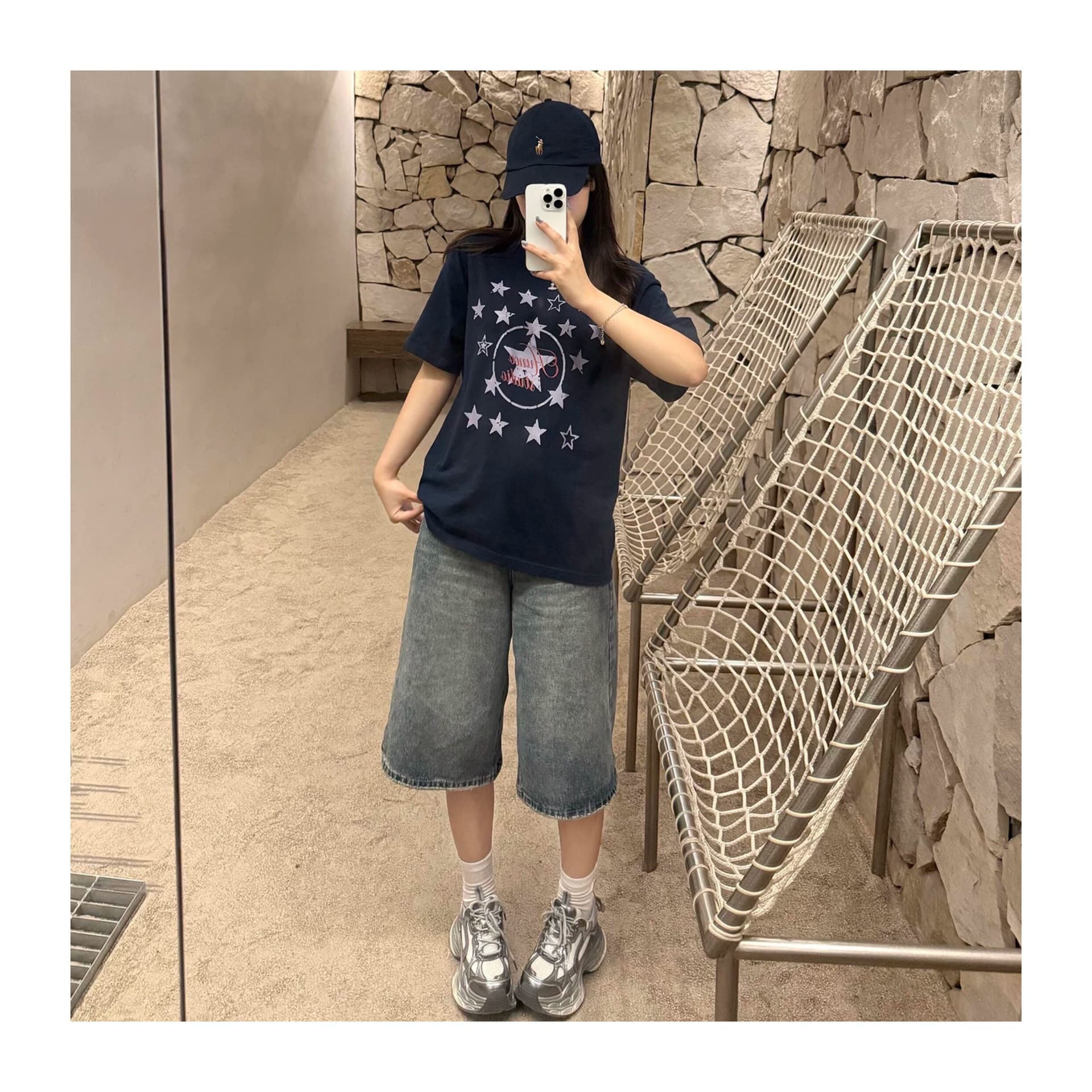 작은 대중 레트로 운동 별 프린트 느긋한 캐주얼 루즈핏 순면 해군 반팔 티셔츠 맨위 여성 상세 이미지 2
