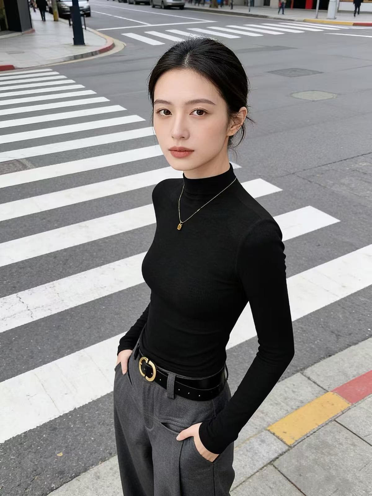 검정색 반하이넥 기본 셔츠 여성 인사이드 가져 가라. 고급 센스 작은 키 2026 새로운 봄 긴팔 티셔츠 몸매 가꾸기 맨위 이미지 4