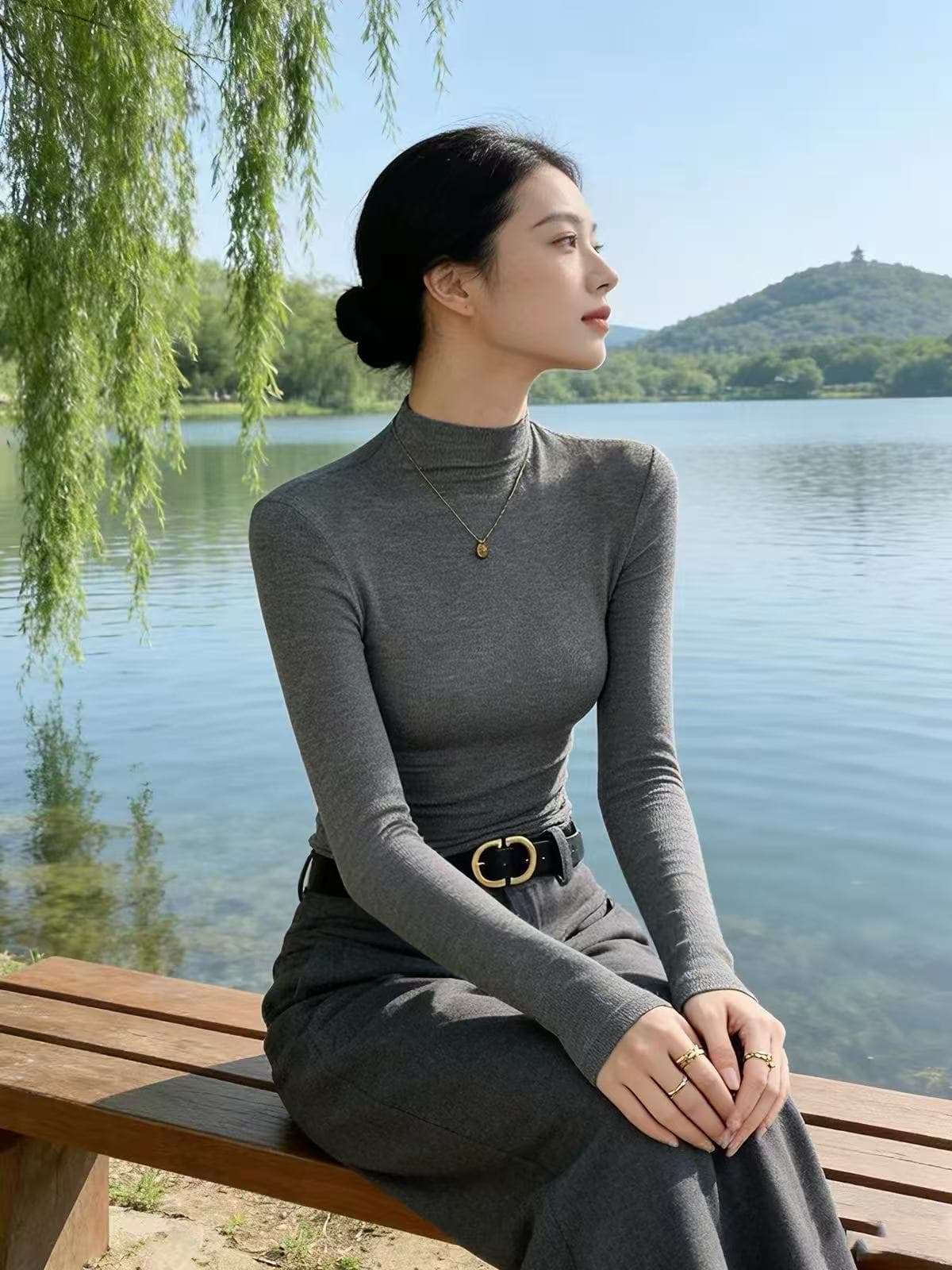 검정색 반하이넥 기본 셔츠 여성 인사이드 가져 가라. 고급 센스 작은 키 2026 새로운 봄 긴팔 티셔츠 몸매 가꾸기 맨위 상세 이미지 3
