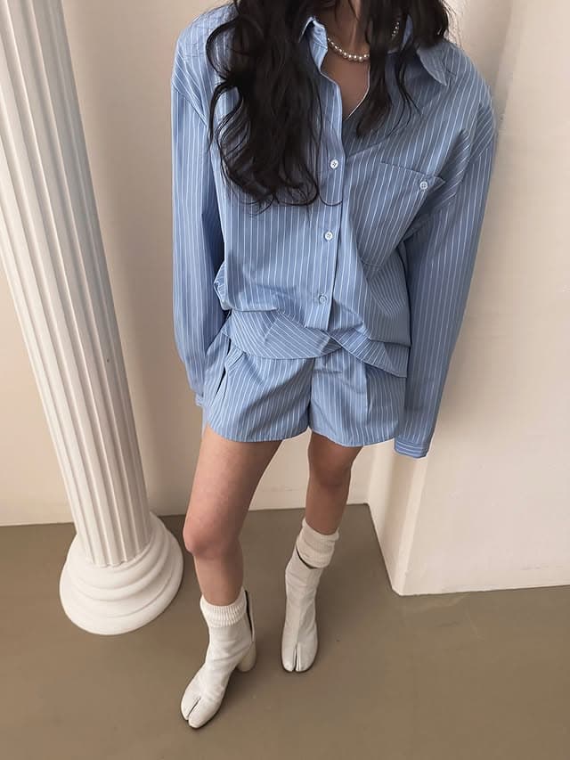 있음 선적 한국 동대문 불규칙 스트라이프 셔츠 하이웨이스트 넓은 다리가 짧다. 바지 투피스 세트 상세 이미지 4