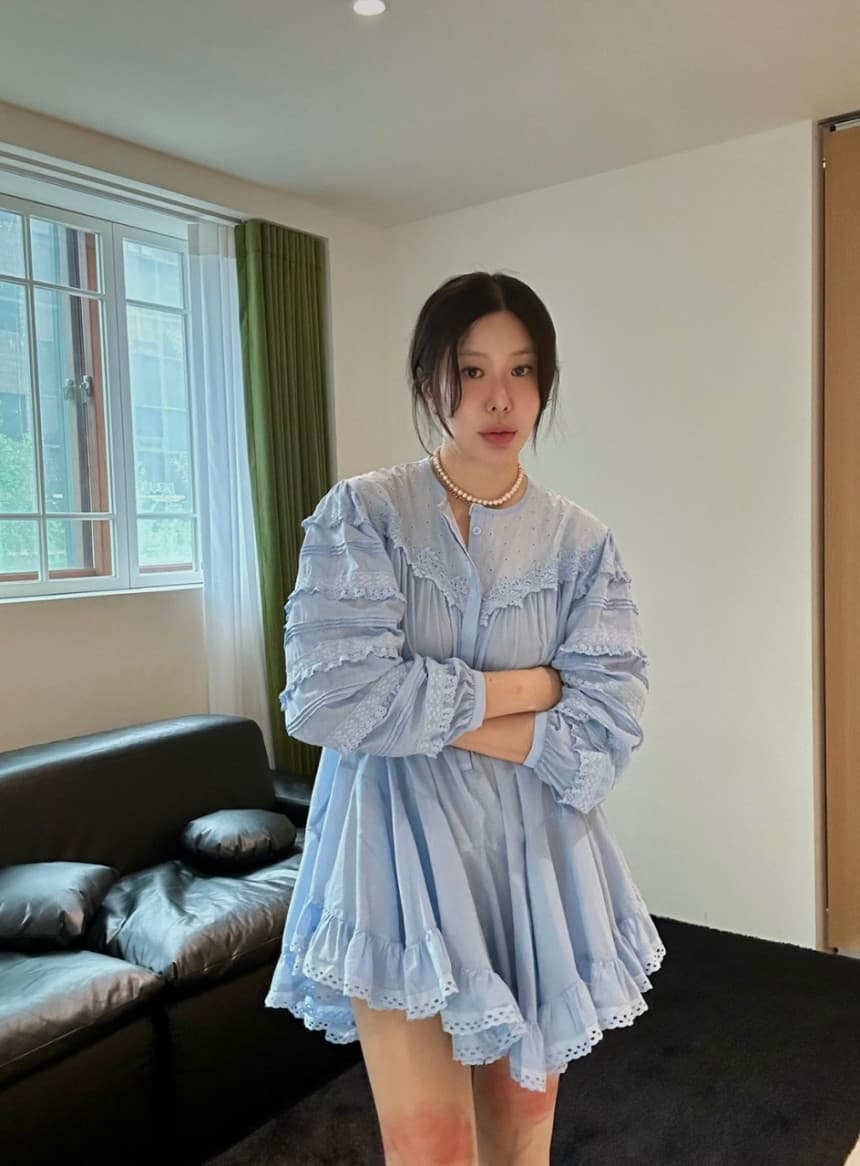 있음 선적 한국 동대문 달콤함 연령 감소 프릴 패치워크 레이스 작은 키 여성 드레스 상세 이미지 1