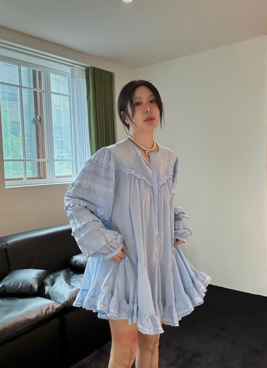 있음 선적 한국 동대문 달콤함 연령 감소 프릴 패치워크 레이스 작은 키 여성 드레스 상세 이미지 3