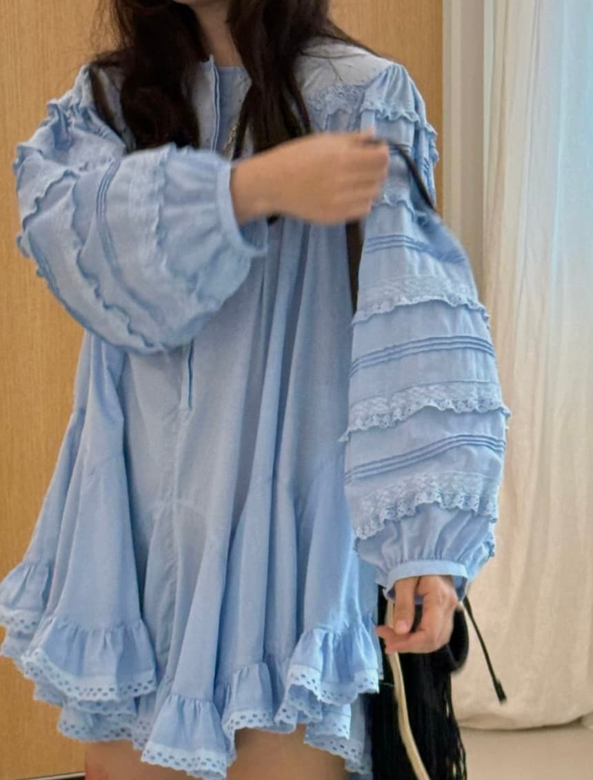 있음 선적 한국 동대문 달콤함 연령 감소 프릴 패치워크 레이스 작은 키 여성 드레스 상세 이미지 4
