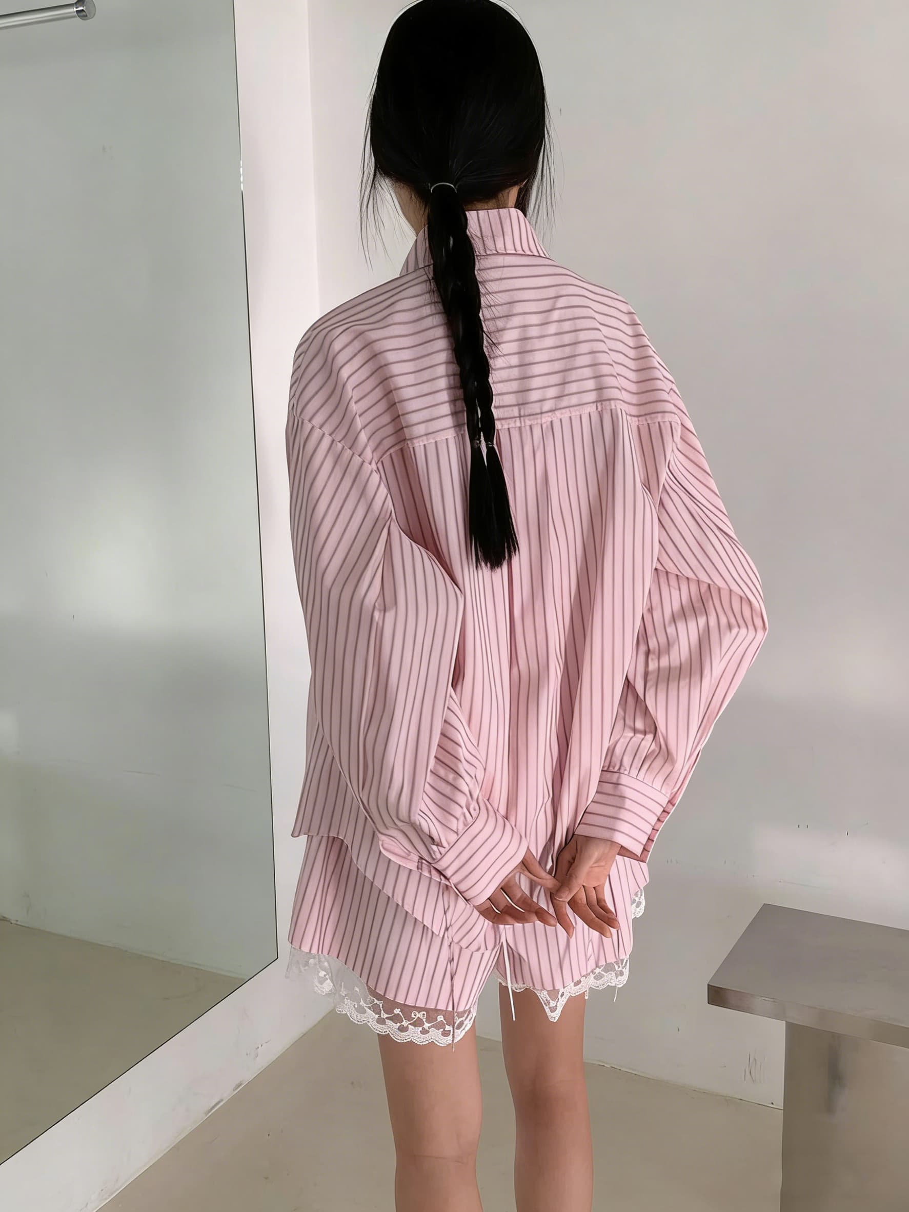 있음 선적 한국 동대문 펌프 로프 레이스업 스트라이프 셔츠 하이웨이스트 패치워크 레이스 반바지 투피스 세트 상세 이미지 3