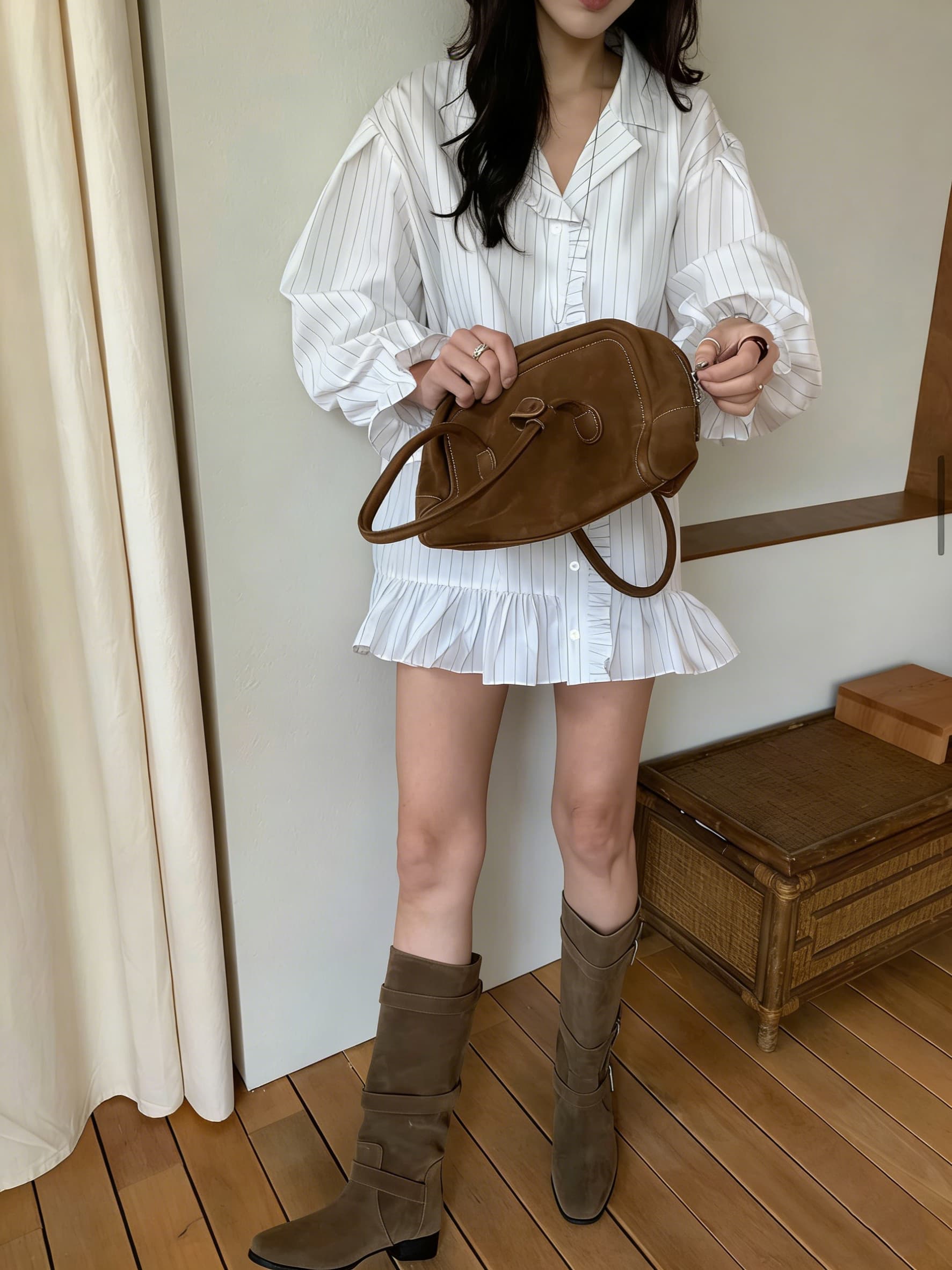 있음 선적 한국 동대문 작은 대중 디자인 센스 프릴 패치워크 스트라이프 셔츠 여성 드레스 이미지 2