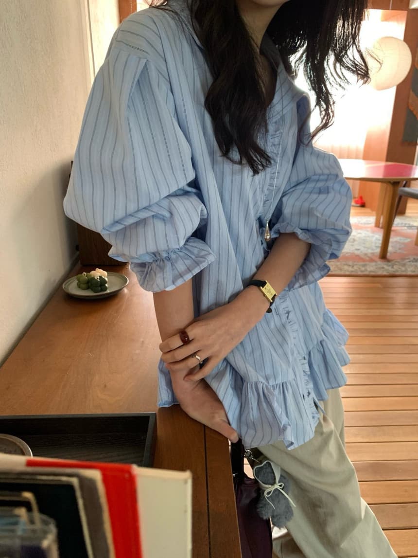 있음 선적 한국 동대문 작은 대중 디자인 센스 프릴 패치워크 스트라이프 셔츠 여성 드레스 상세 이미지 6