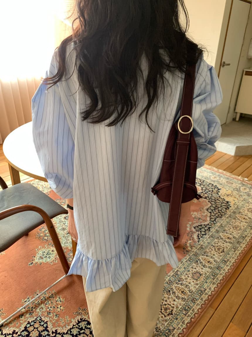 있음 선적 한국 동대문 작은 대중 디자인 센스 프릴 패치워크 스트라이프 셔츠 여성 드레스 상세 이미지 7