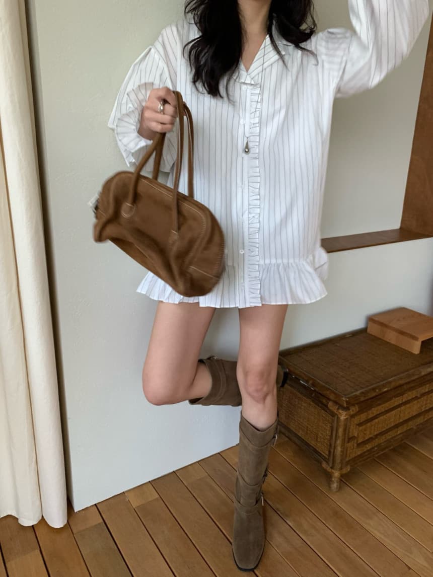 있음 선적 한국 동대문 작은 대중 디자인 센스 프릴 패치워크 스트라이프 셔츠 여성 드레스 상세 이미지 12