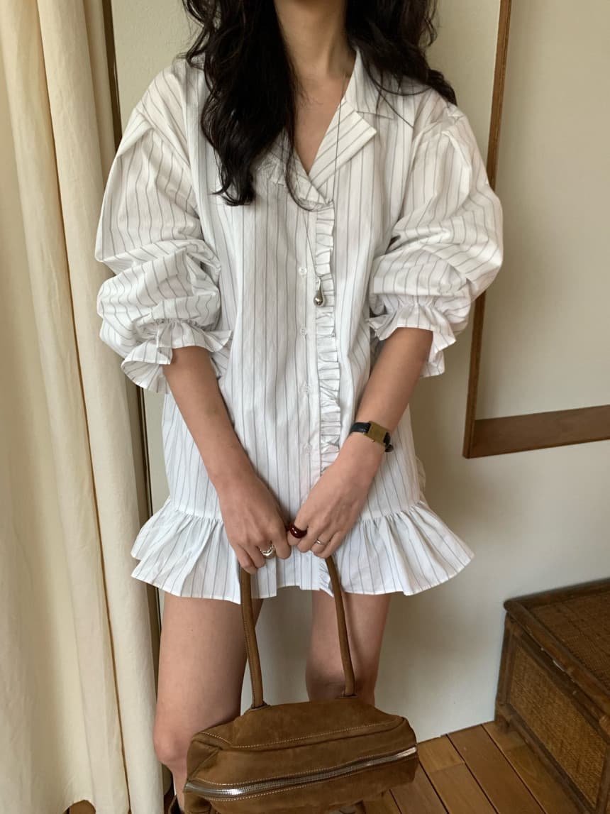 있음 선적 한국 동대문 작은 대중 디자인 센스 프릴 패치워크 스트라이프 셔츠 여성 드레스 상세 이미지 13