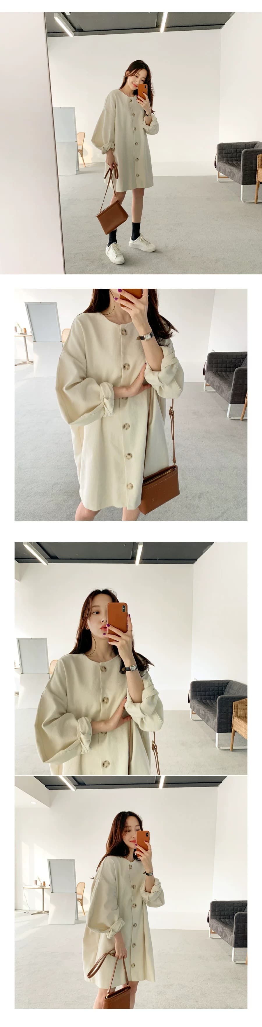한국 동대문 작은 대중 느긋한 바람 싱글 줄 버튼 루즈핏 캐주얼 작은 키 여성 드레스 상세 이미지 5