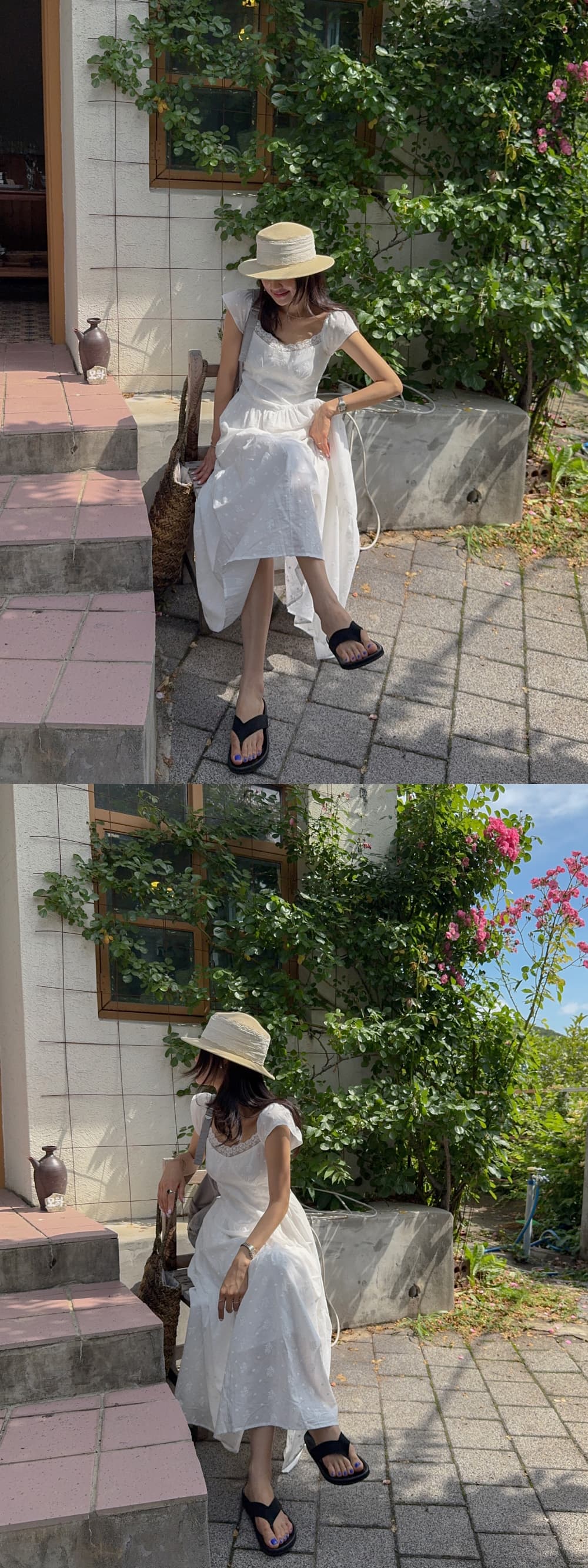 있음 선적 한국 동대문 프랑스식 레트로 레이스 광장 칼라 허리 수축 슬림해 보이는 Feifei 소매 여성 드레스 상세 이미지 6