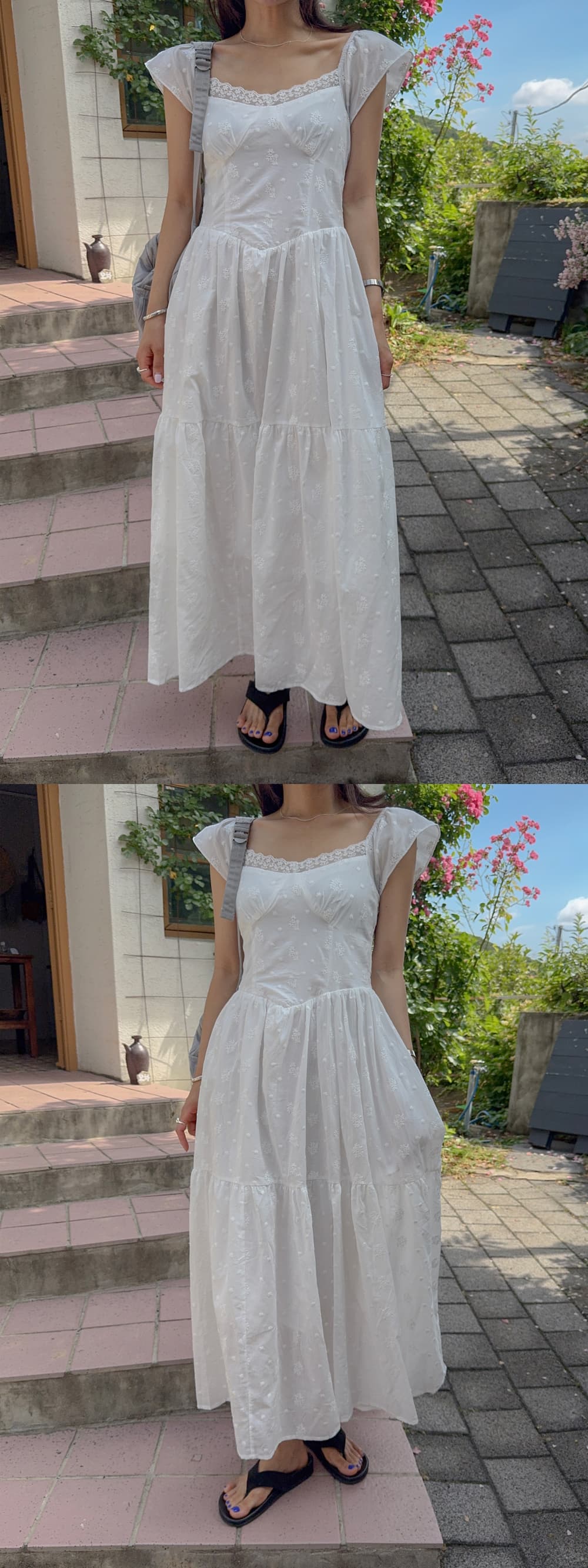 있음 선적 한국 동대문 프랑스식 레트로 레이스 광장 칼라 허리 수축 슬림해 보이는 Feifei 소매 여성 드레스 상세 이미지 20