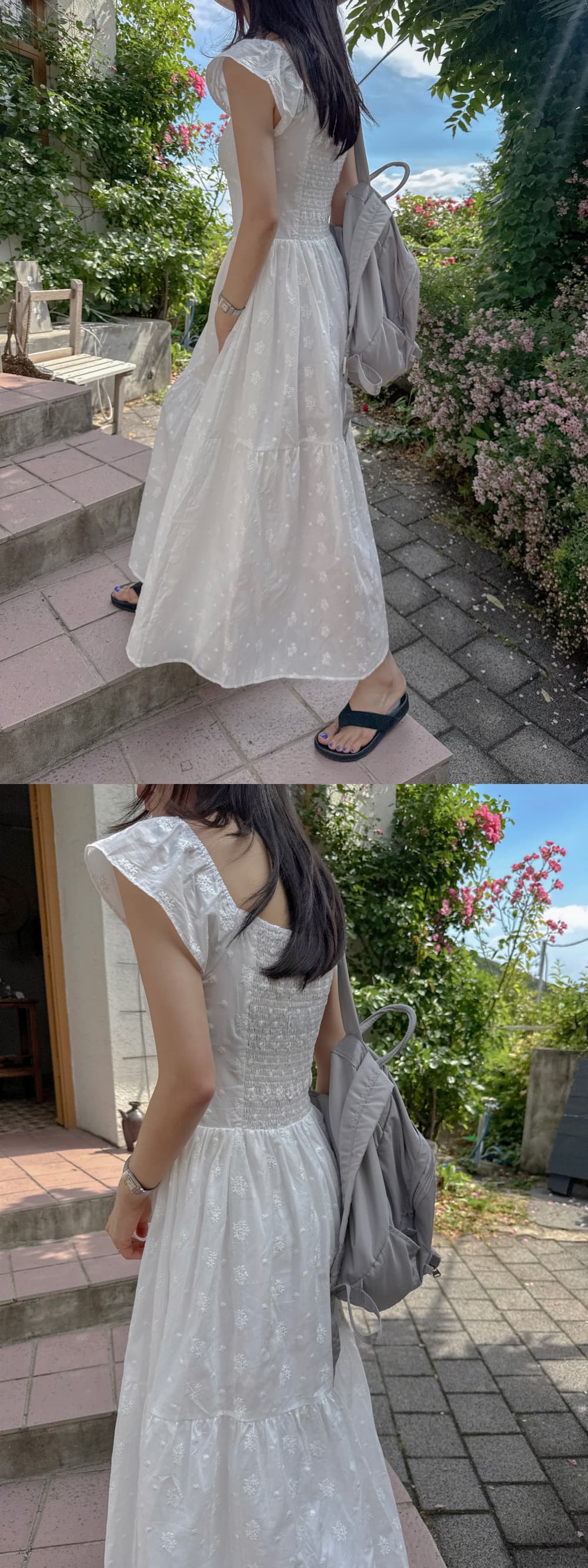 있음 선적 한국 동대문 프랑스식 레트로 레이스 광장 칼라 허리 수축 슬림해 보이는 Feifei 소매 여성 드레스 상세 이미지 21