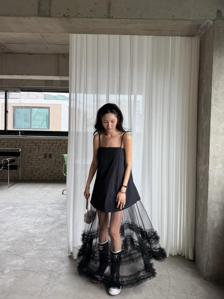 한국 동대문 작은 대중 디자인 센스 시스루 망사 패치워크 레이스 슬립 여성 드레스 상세 이미지 9