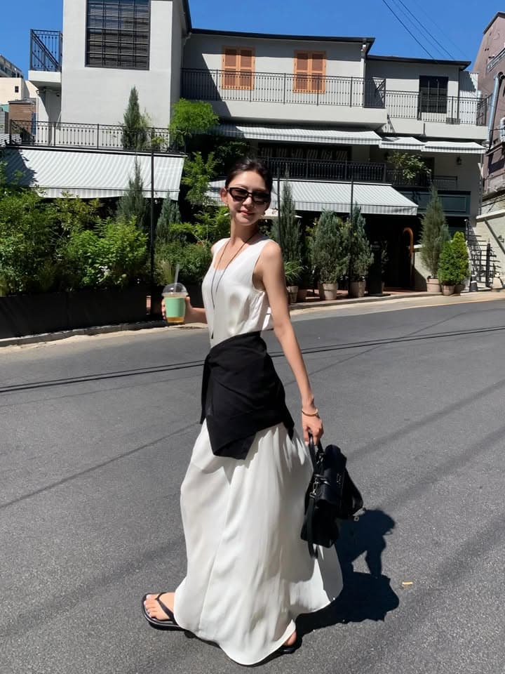 있음 선적 한국 chic 여름 프랑스식 우아함 u 칼라 패치워크 디자인 루즈핏 캐주얼 조끼 여성 드레스 상세 이미지 2