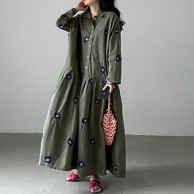 있음 선적 한국 chic 이른 가을 레트로 무거운 작업 자수 꽃 루즈핏 큰 진자 종류 셔츠 여성 드레스 이미지 3