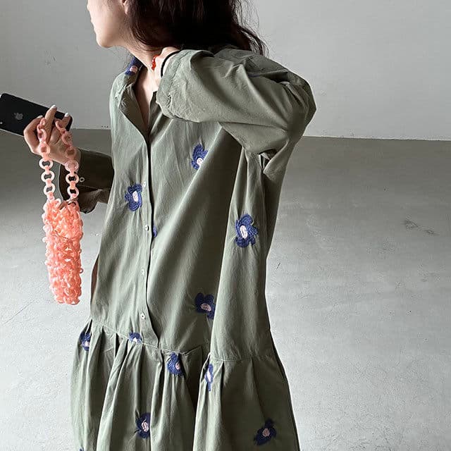 있음 선적 한국 chic 이른 가을 레트로 무거운 작업 자수 꽃 루즈핏 큰 진자 종류 셔츠 여성 드레스 상세 이미지 2