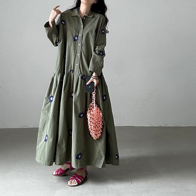 있음 선적 한국 chic 이른 가을 레트로 무거운 작업 자수 꽃 루즈핏 큰 진자 종류 셔츠 여성 드레스 상세 이미지 7