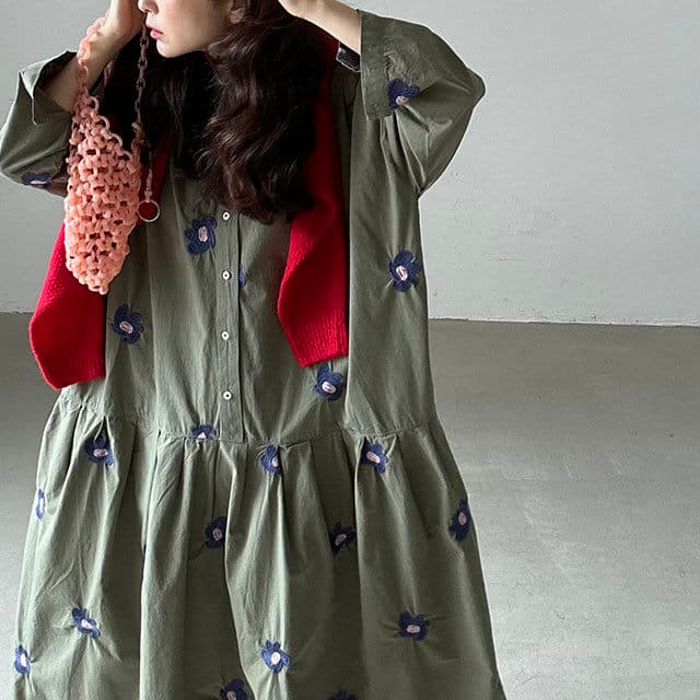 있음 선적 한국 chic 이른 가을 레트로 무거운 작업 자수 꽃 루즈핏 큰 진자 종류 셔츠 여성 드레스 상세 이미지 9