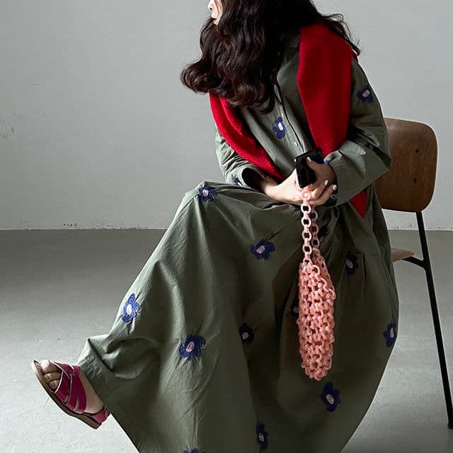 있음 선적 한국 chic 이른 가을 레트로 무거운 작업 자수 꽃 루즈핏 큰 진자 종류 셔츠 여성 드레스 상세 이미지 14